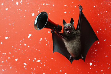 A playful bat hanging upside down, holding a megaphone and spreading festive cheer on a snowy red backdrop.