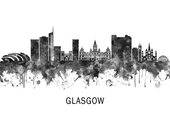 Obraz premium Glasgow Skyline BW, print poster travel art illustration urban modern downtown landmarks skyscrapers artwork architecture digital design 