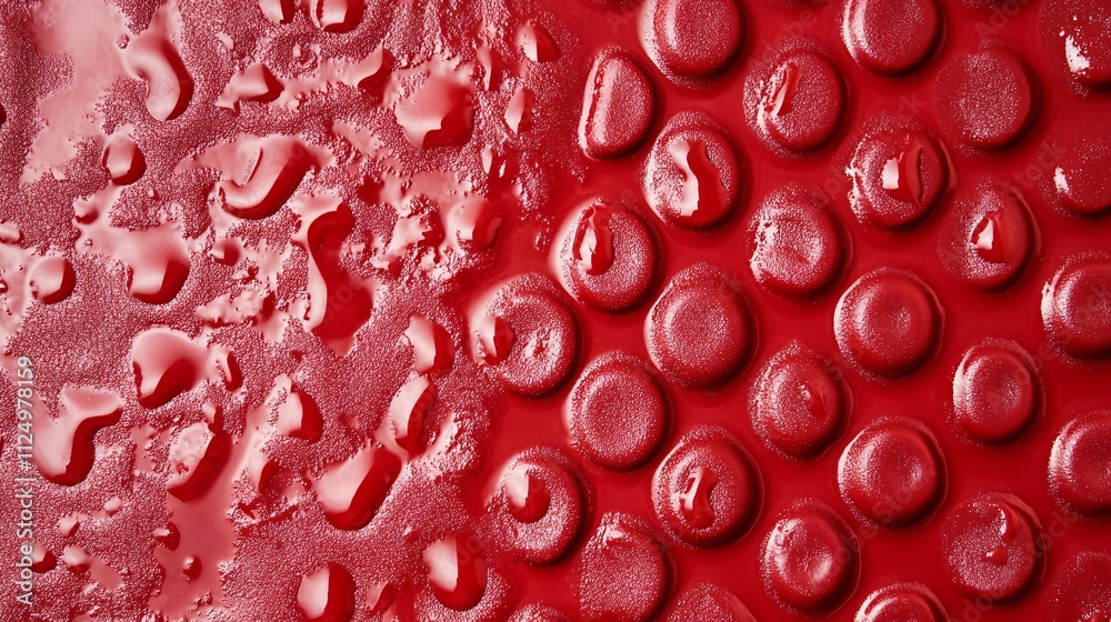 Poster Water droplets creating abstract pattern on red textured surface