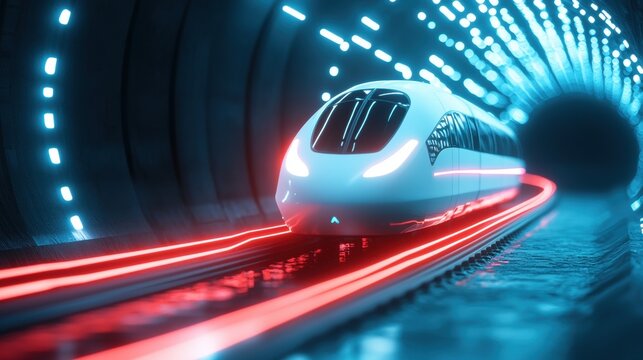 A hyperloop train, adorned with glowing lines that trace its aerodynamic design, exits a tunnel into a brightly lit, futuristic cityscape. The image contrasts the darkness of the tunnel with the