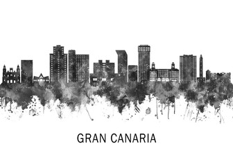 Obraz premium Gran Canaria Spain Skyline BW, print poster travel art illustration urban modern downtown landmarks skyscrapers artwork architecture digital design 