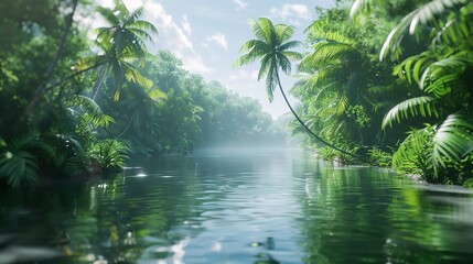 A tranquil river winding through the heart of a dense tropical jungle, with vibrant greenery reflected in its calm waters vector art illustraion generative AI.