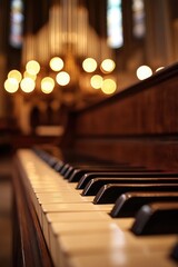 Piano Keys in a Church with a Blurry Organ Background