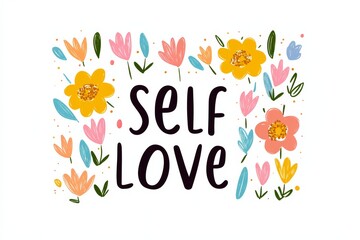 Self Love Inspirational Floral Illustration with Colorful Flowers and Hearts