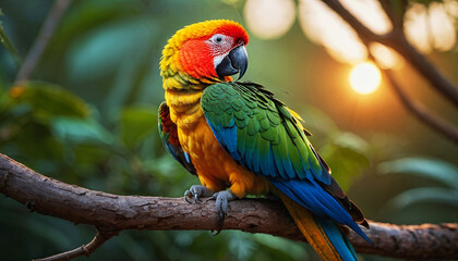 Parrot sitting on branch in forest behind the sunrise, Red Parrot in forest