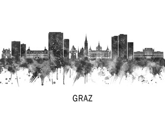 Fototapeta premium Graz Austria Skyline BW, print poster travel art illustration urban modern downtown landmarks skyscrapers artwork architecture digital design 