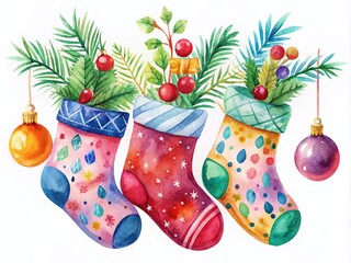 Charming Christmas Socks and Festive Ornaments Silhouette in Watercolor Illustration on a White Background for Holiday Cheer and Seasonal Decor