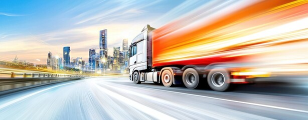 A dynamic truck speeds through a city, showcasing motion with blurred lights and a vibrant skyline in the background.