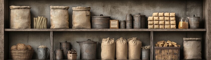 A rustic shelf filled with various jars, bags, and containers, showcasing an assortment of dry goods and preserved items in a vintage setting.