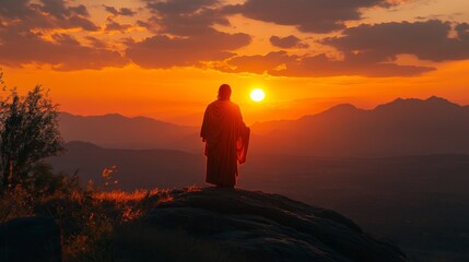Obraz premium Silhouette of jesus delivering a powerful sermon illuminated by the setting sun on a mountain top