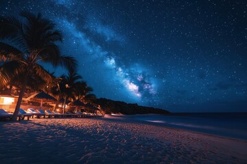 Captivating night view of a luxurious beach resort with the milky way galaxy illuminating the sky, surrounded by palm trees, beach chairs, and serene ocean waters