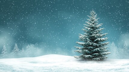 Serene winter landscape with snow-covered trees and falling snowflakes