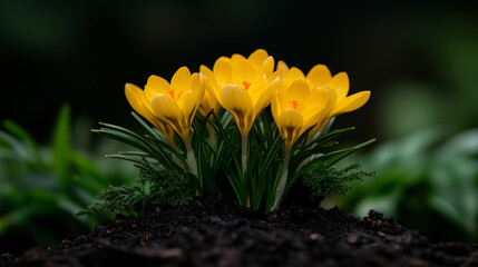 A field of crocuses in various shades of purple and yellow, with green leaves in the soft morning light