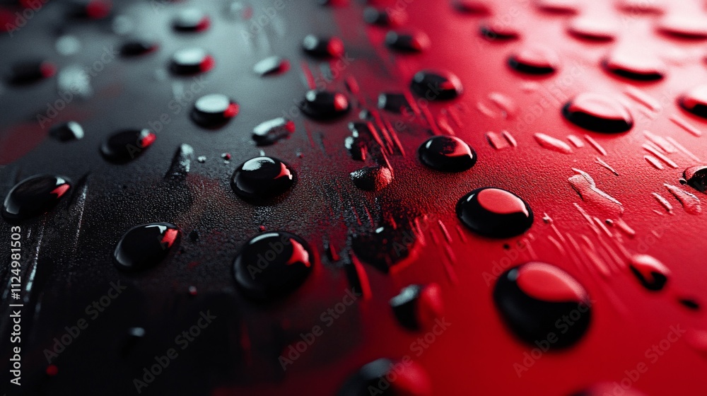 Poster Water droplets creating textured pattern on red and black surface