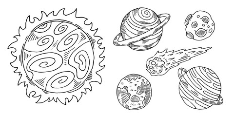Planets and comets of the solar system set. Cosmic body is hand-drawn sketch in doodle style. Black and white vector illustration collection.