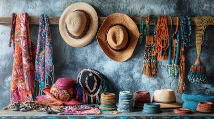 Boutique display with bohemian fashion items like hats, jewelry, and scarves 