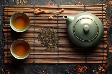 flat lay of asian tea set with teapot and teacups styled on bamboo mat with loose tea leaves