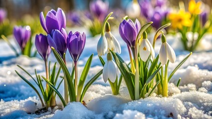 Purple and white crocus and snowdrops emerging from melting snow in spring