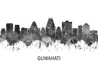 Obraz premium Guwahati Assam Skyline BW, print poster travel art illustration urban modern downtown landmarks skyscrapers artwork architecture digital design 