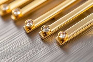 A series of gold tie clips, each with a minimalist design and a single inset gem, displayed against a backdrop of brushed silver for a modern look.