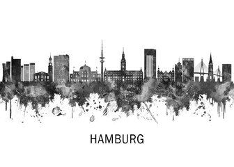 Hamburg Germany Skyline BW, print poster travel art illustration urban modern downtown landmarks skyscrapers artwork architecture digital design 