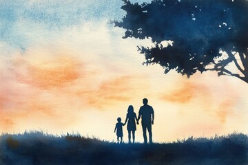 Fototapeta premium Family Silhouette at Sunset in Watercolor Style