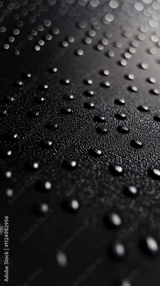 Poster Water droplets creating a textured pattern on a dark surface