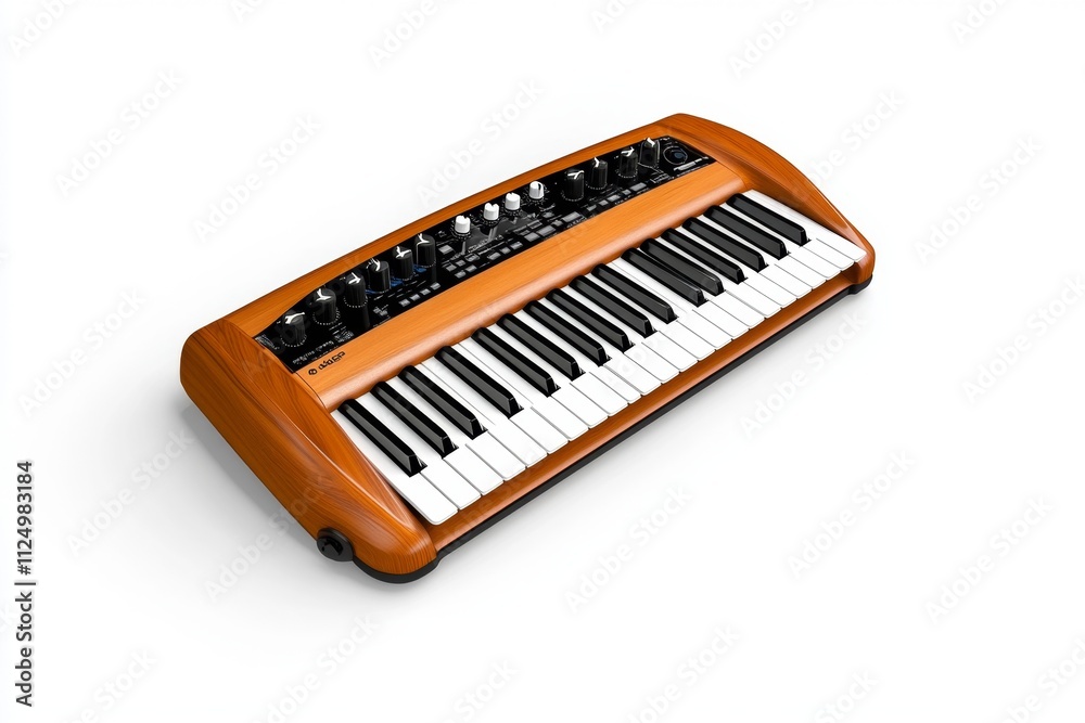 Poster a portable electronic synthesizer with intuitive controls and a sleek design, captured against a pla