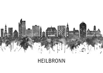 Obraz premium Heilbronn Germany Skyline BW, print poster travel art illustration urban modern downtown landmarks skyscrapers artwork architecture digital design 