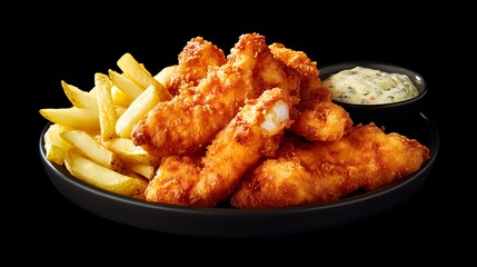 Fototapeta premium Golden Crispy Fish and Chips with Tartar Sauce and Lemon