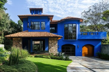 Fototapeta premium Elegant Blue House with Unique Architecture