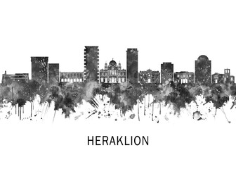 Fototapeta premium Heraklion Greece Skyline BW, print poster travel art illustration urban modern downtown landmarks skyscrapers artwork architecture digital design 