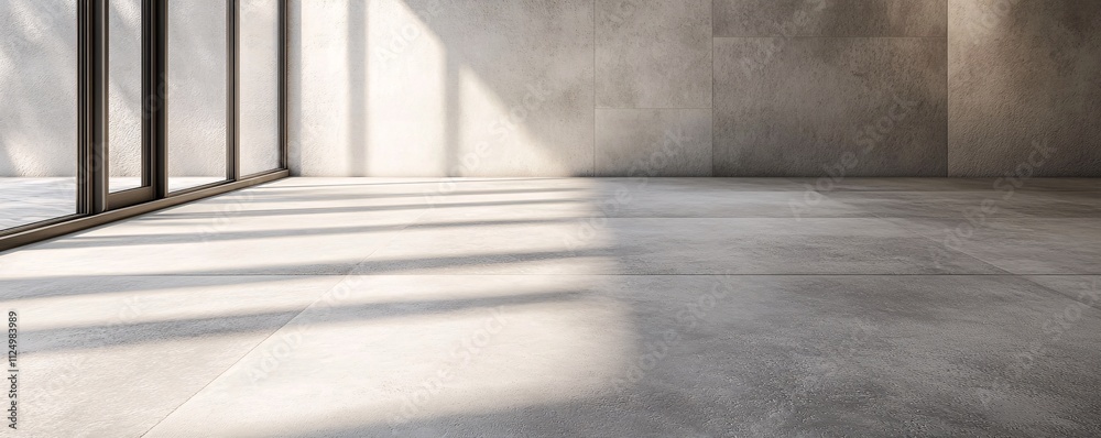 Poster sunlight illuminating empty room with concrete floor and wall