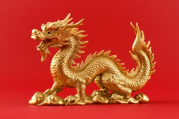 Fototapeta premium Golden Dragon Figurine on Red Background