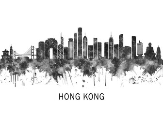 Fototapeta premium Hong Kong China Skyline BW, print poster travel art illustration urban modern downtown landmarks skyscrapers artwork architecture digital design 