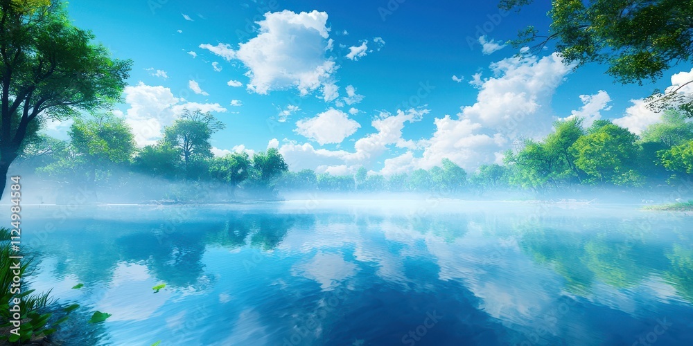 Poster body of water with trees in the background