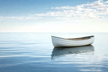 Naklejka premium A peaceful boat floats on still water, surrounded by an endless sky filled with soft clouds. Perfect for adding your own message. Generative AI