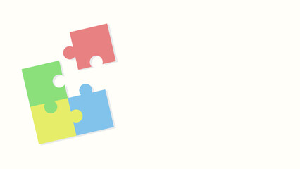 Four puzzle pieces in red, green, yellow and blue on a white background. Three of them are already assembled, only one remains to be placed. They fit together perfectly forming a square.