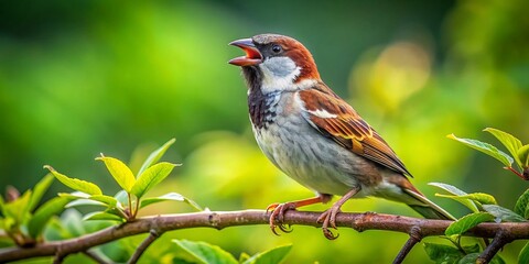 Fototapeta premium Charming Sparrow Singing on a Branch: A Close-Up of the Passer domesticus in Its Natural Habitat, Perfect for Birdwatching and Nature Photography Enthusiasts