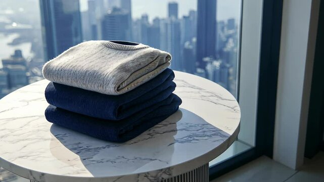 Soft sweaters neatly stacked on a marble table beside a large cityscape window