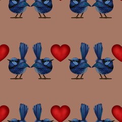 Seamless Pattern of Two Blue Birds with Heart on Mocha Mousse Background