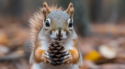 Squirrel holding a pine cone in a forest setting