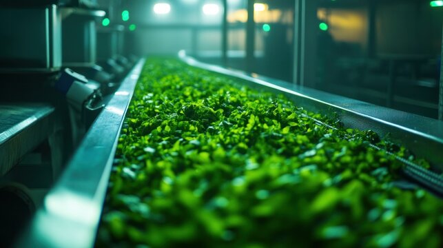 Greenhouse processing line trimming and packaging fresh herbs, conveyor belts moving bright green bundles under soft lighting