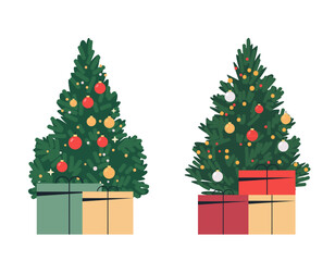 Christmas trees with ornaments and gifts colorful festive decorations green red gold presents holiday design