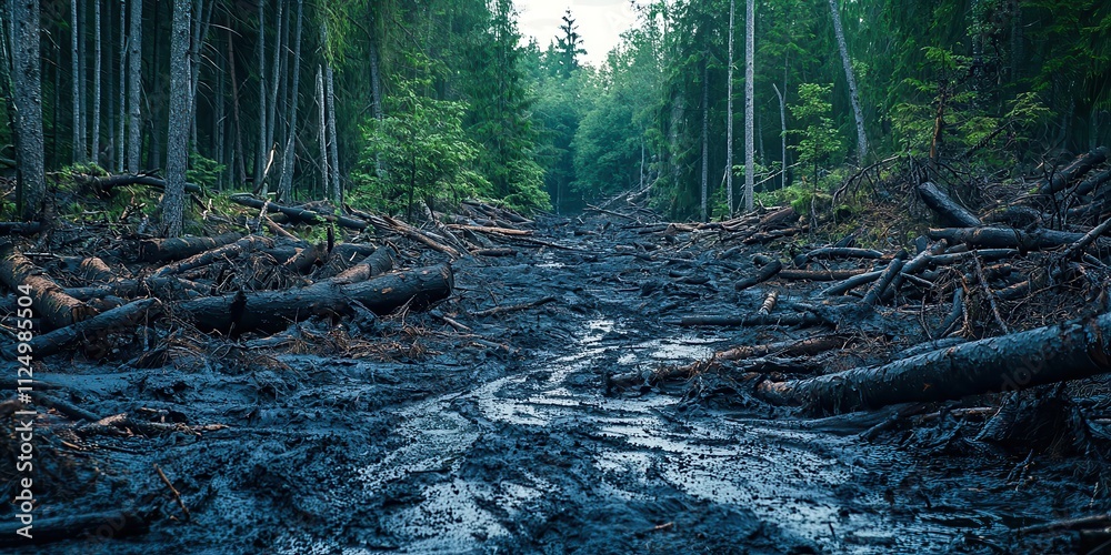 Poster Muddy path with trees and logs