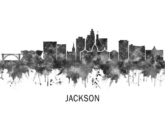 Fototapeta premium Jackson USA Skyline BW, landscape watercolor abstract painting travel illustration urban art modern downtown landmarks skyscrapers artwork