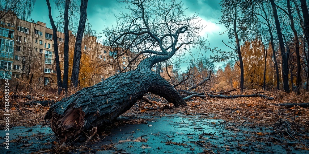 Poster large tree trunk is laying on the ground in a forest
