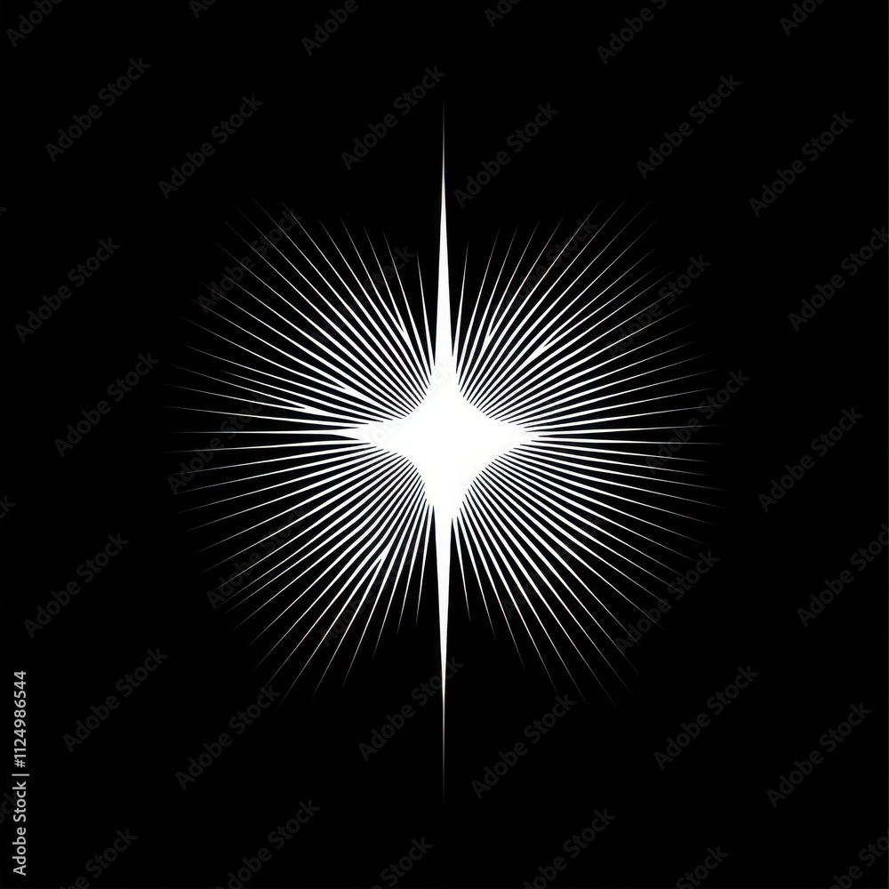 Poster a white logo on a black background, a symmetrical star shape with rays radiating outwards, a simple 
