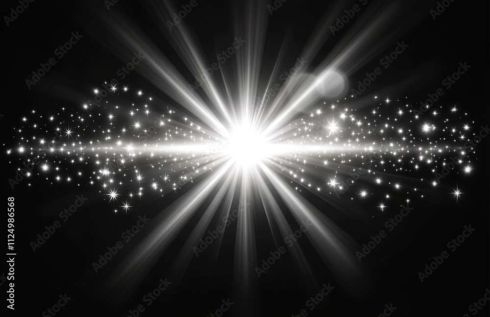 Poster white glowing light effect with white stars and rays on a transparent background, vector illustratio