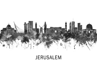 Obraz premium Jerusalem Israel Skyline BW, landscape watercolor abstract painting travel illustration urban art modern downtown landmarks skyscrapers artwork